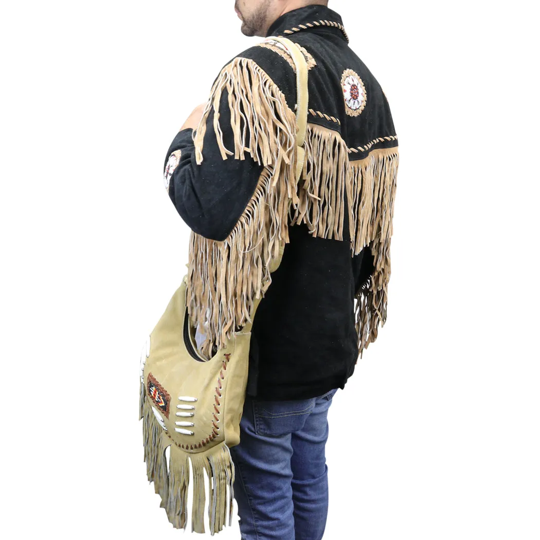 Perrini Beige Fringed Cross Body Purse Fringe Boho Leather Bag Crossbody Handbag