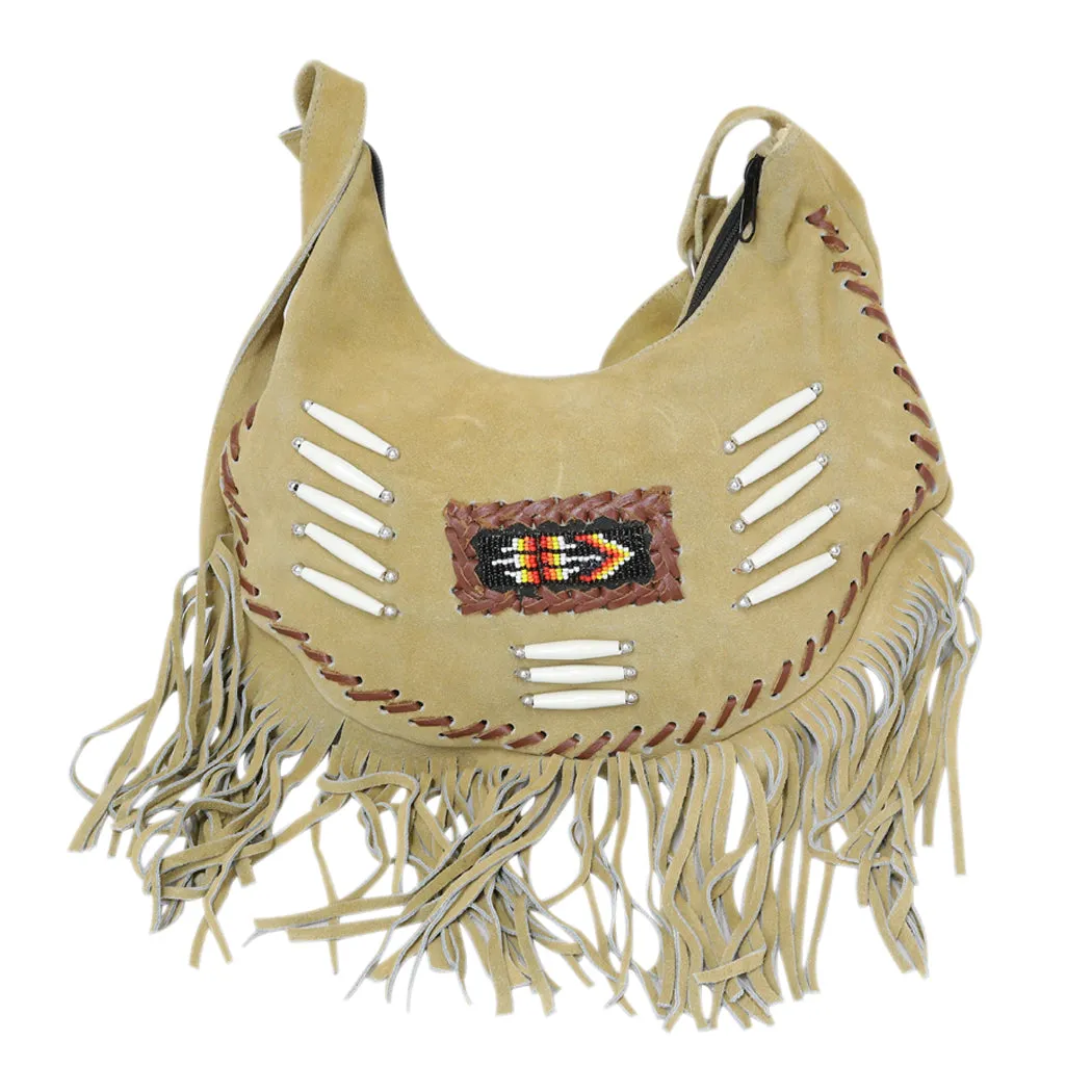 Perrini Beige Fringed Cross Body Purse Fringe Boho Leather Bag Crossbody Handbag
