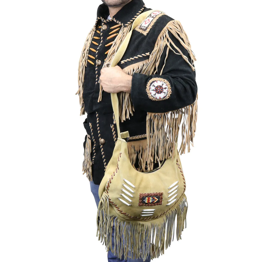 Perrini Beige Fringed Cross Body Purse Fringe Boho Leather Bag Crossbody Handbag