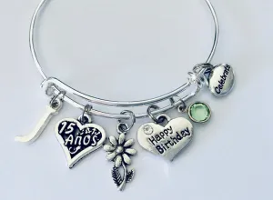 Personalized 15 Anos Happy 15th Birthday Expandable Charm Bracelet Adjustable Silver Bangle Quinceañera