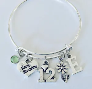 Personalized Happy 12th Birthday Gift for 12 Year Old Girl Expandable Silver Charm Bracelet Adjustable