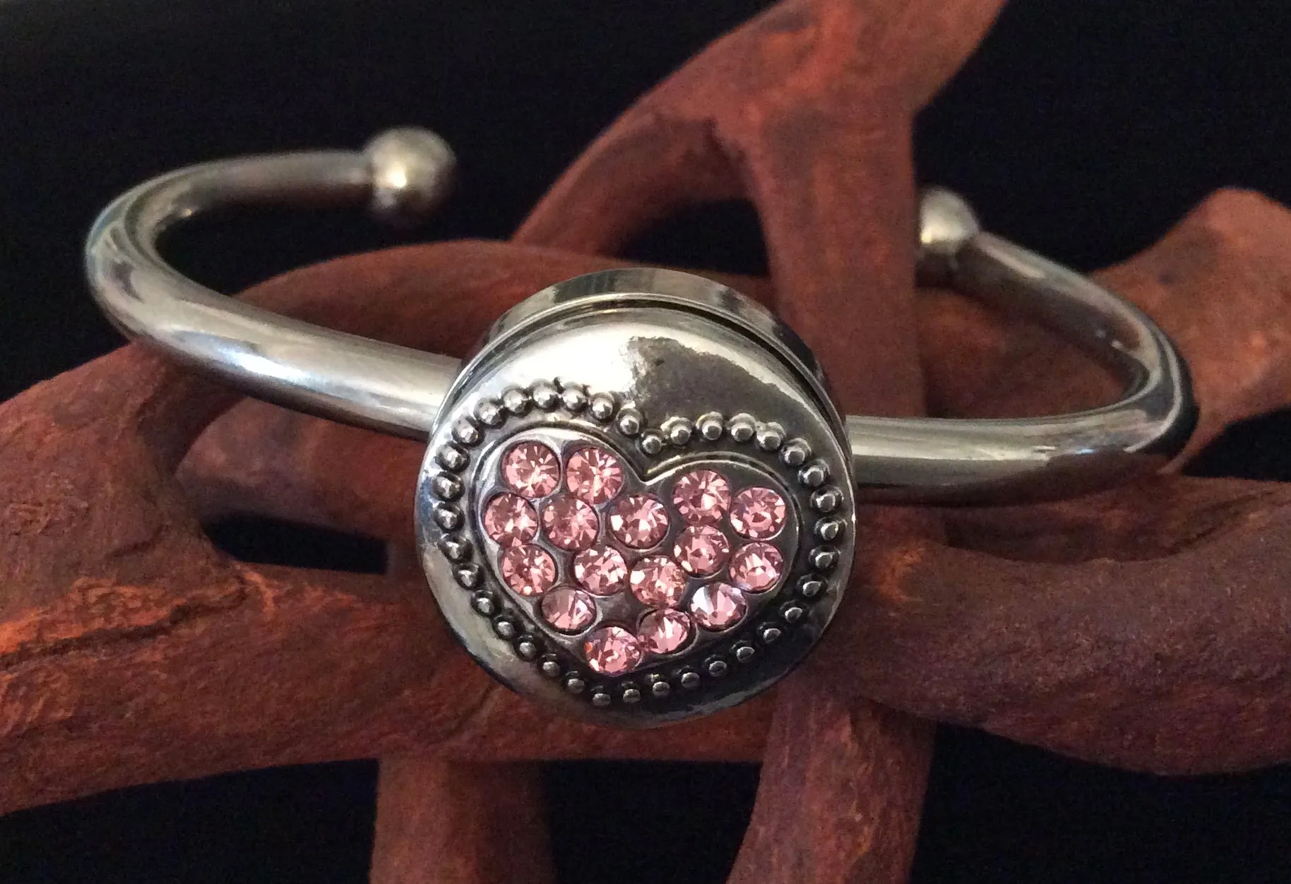 Pink Crystal Heart Jewelry Snap Bracelet Surgical Stainless Steel Interchangeable 18mm Snap Included One Size Fits Most Trendy Gift