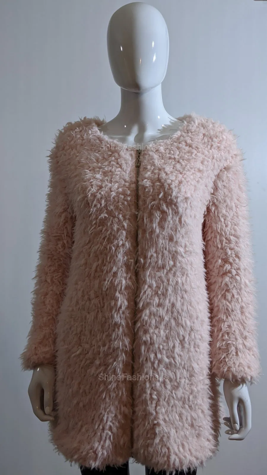 Pink Fluffy Zip Up Faux Fur Coat