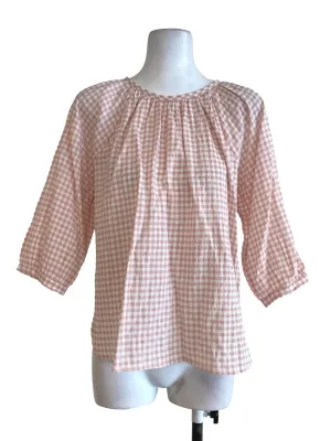 Pink Gingham Round Neck Blouse