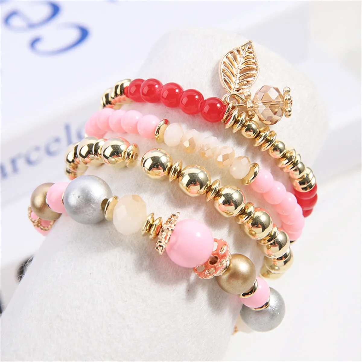 Pink Quartz & 18K Gold-Plated Leaves Stretch Bracelet Set