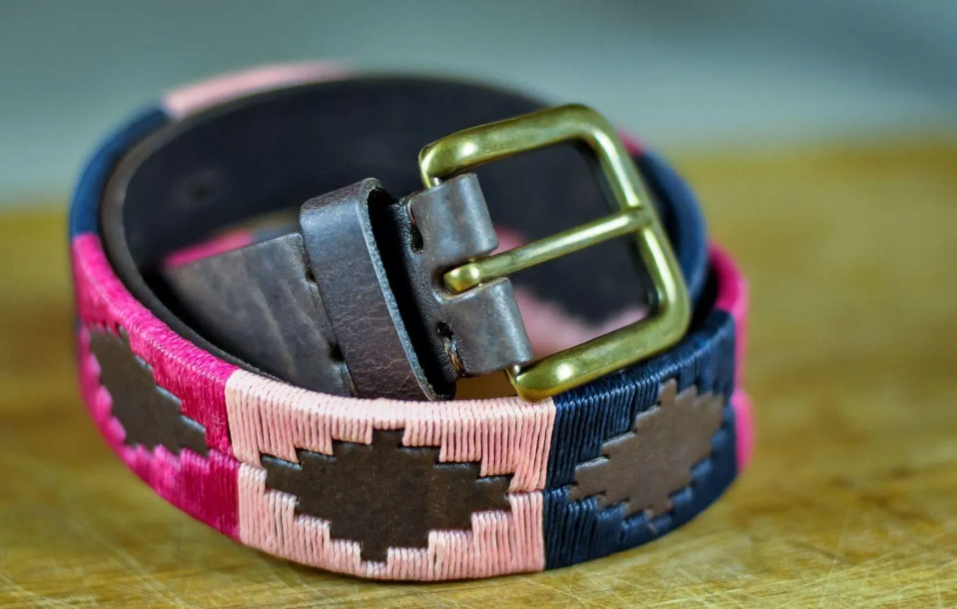 Pioneros Argentinian Gaucho Polo Leather Belt Brown - Berry Navy and pink