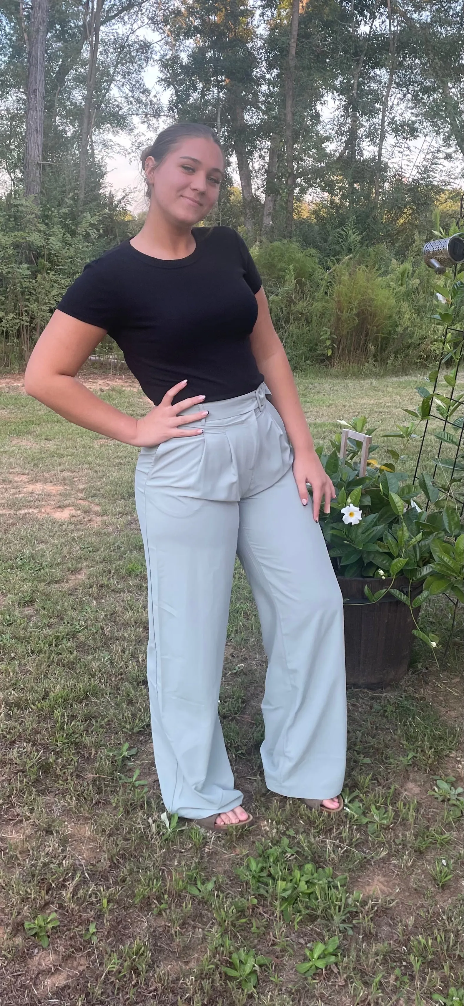 Pleated Wide Leg Pants w/Belts