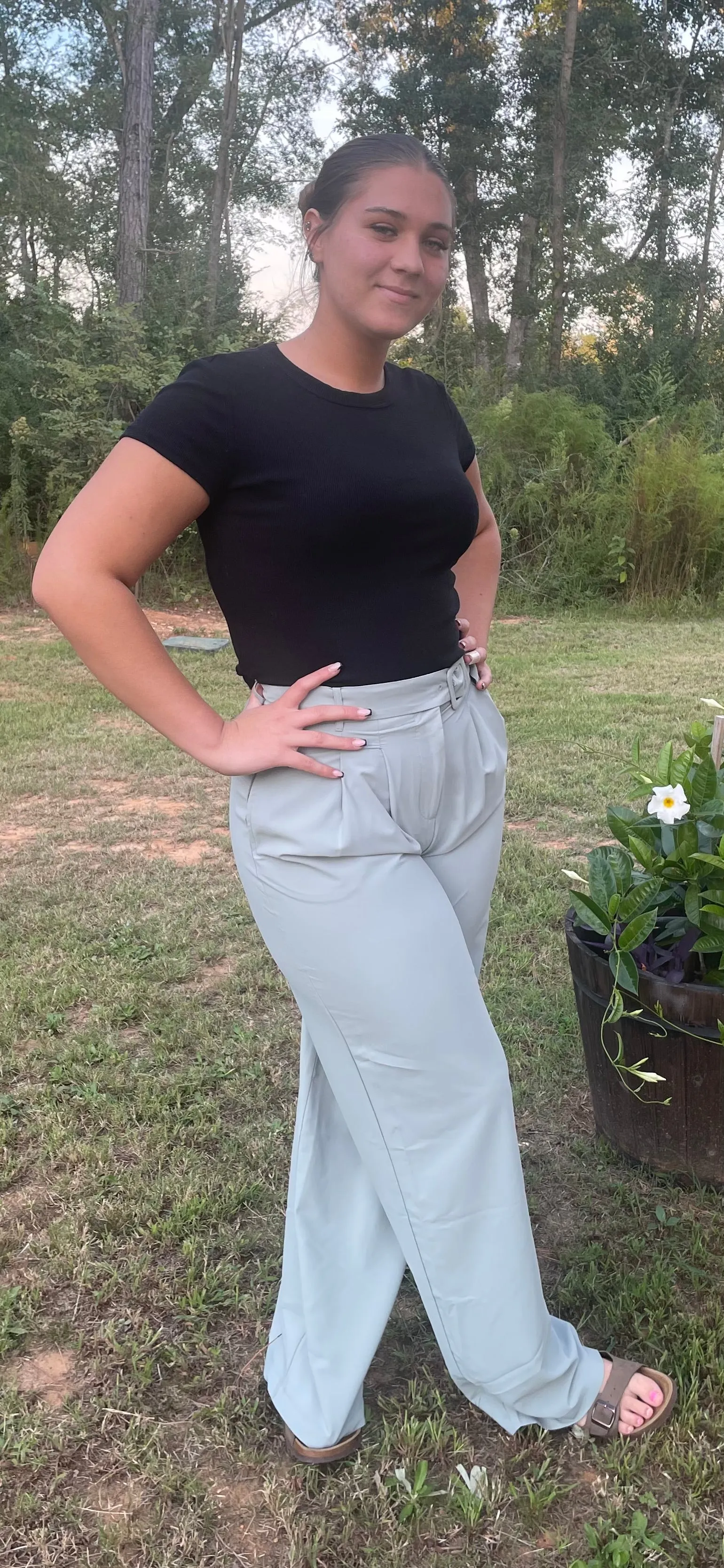 Pleated Wide Leg Pants w/Belts