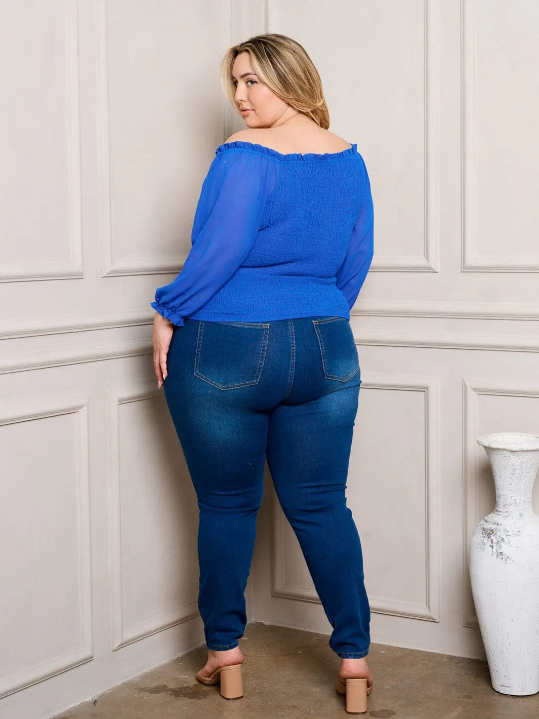 PLUS SIZE 3/4 SLEEVE SMOCK FRONT TIE TOP