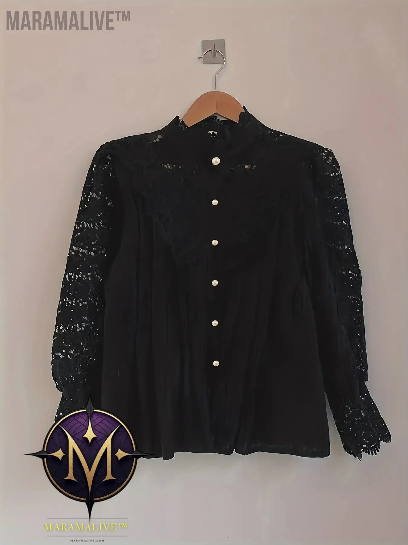 Plus Size Elegant Blouse, Women's Plus Solid Contrast Lace Lantern Sleeve Button Up Mock Neck Shirt Top