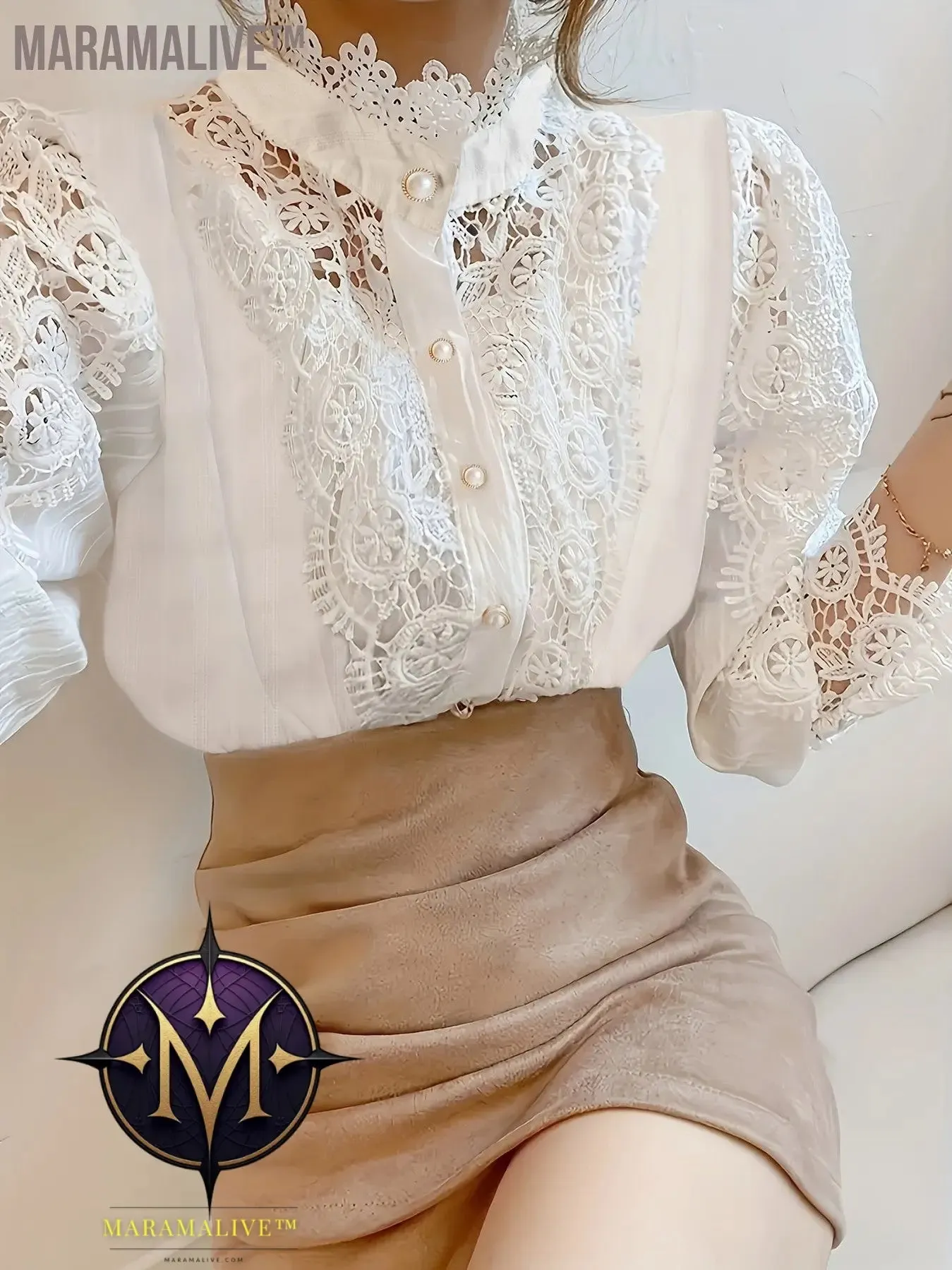 Plus Size Elegant Blouse, Women's Plus Solid Contrast Lace Lantern Sleeve Button Up Mock Neck Shirt Top