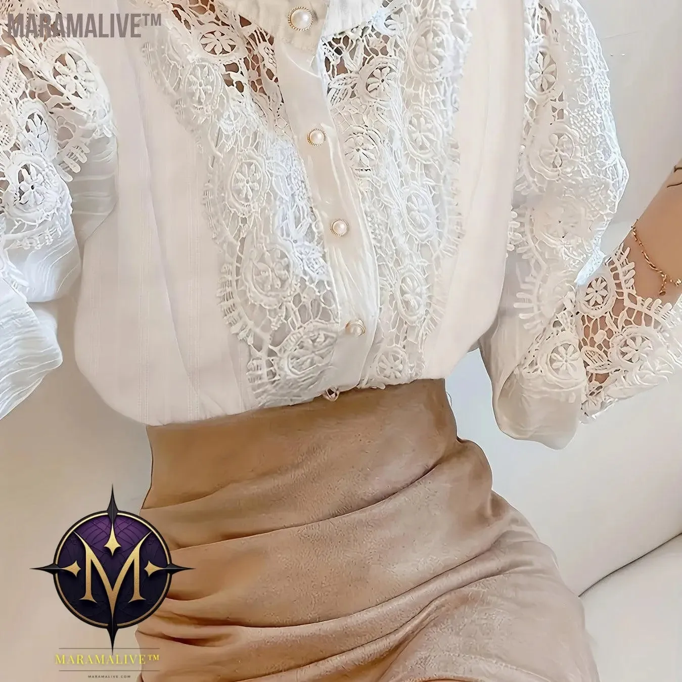 Plus Size Elegant Blouse, Women's Plus Solid Contrast Lace Lantern Sleeve Button Up Mock Neck Shirt Top