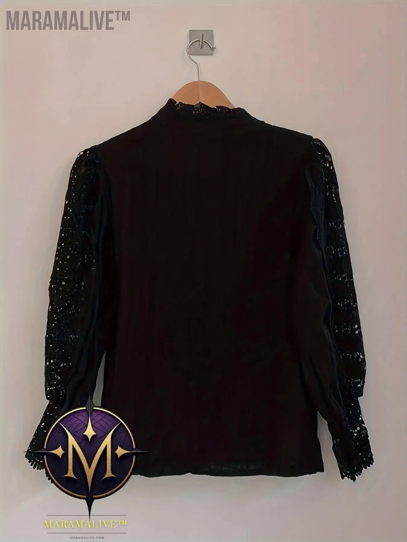 Plus Size Elegant Blouse, Women's Plus Solid Contrast Lace Lantern Sleeve Button Up Mock Neck Shirt Top