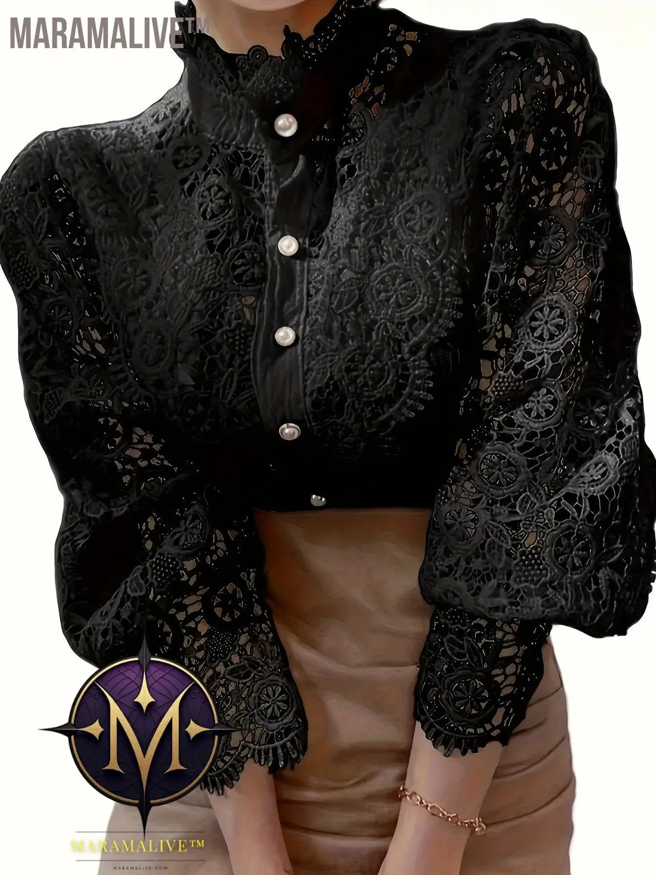 Plus Size Elegant Blouse, Women's Plus Solid Contrast Lace Lantern Sleeve Button Up Mock Neck Shirt Top