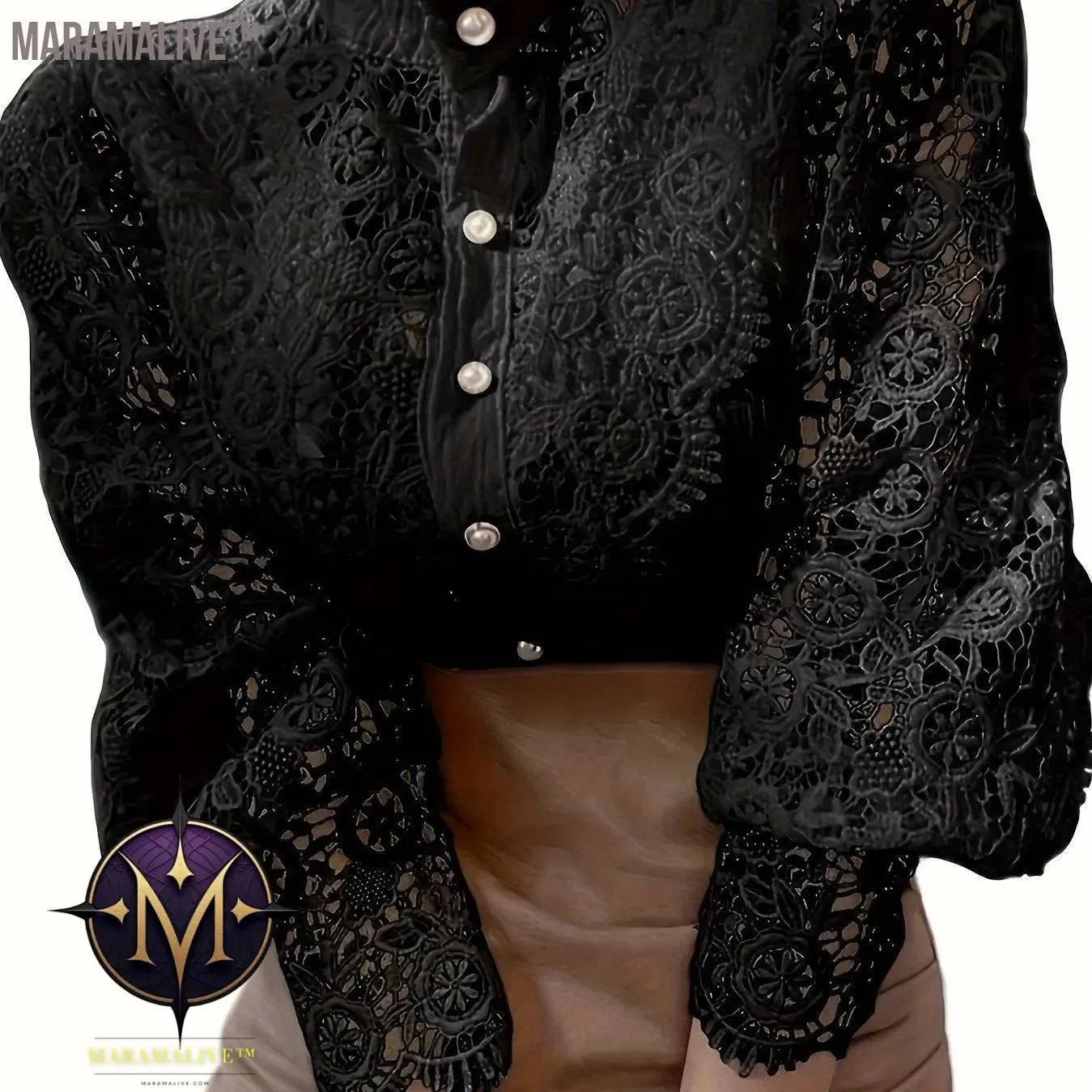 Plus Size Elegant Blouse, Women's Plus Solid Contrast Lace Lantern Sleeve Button Up Mock Neck Shirt Top