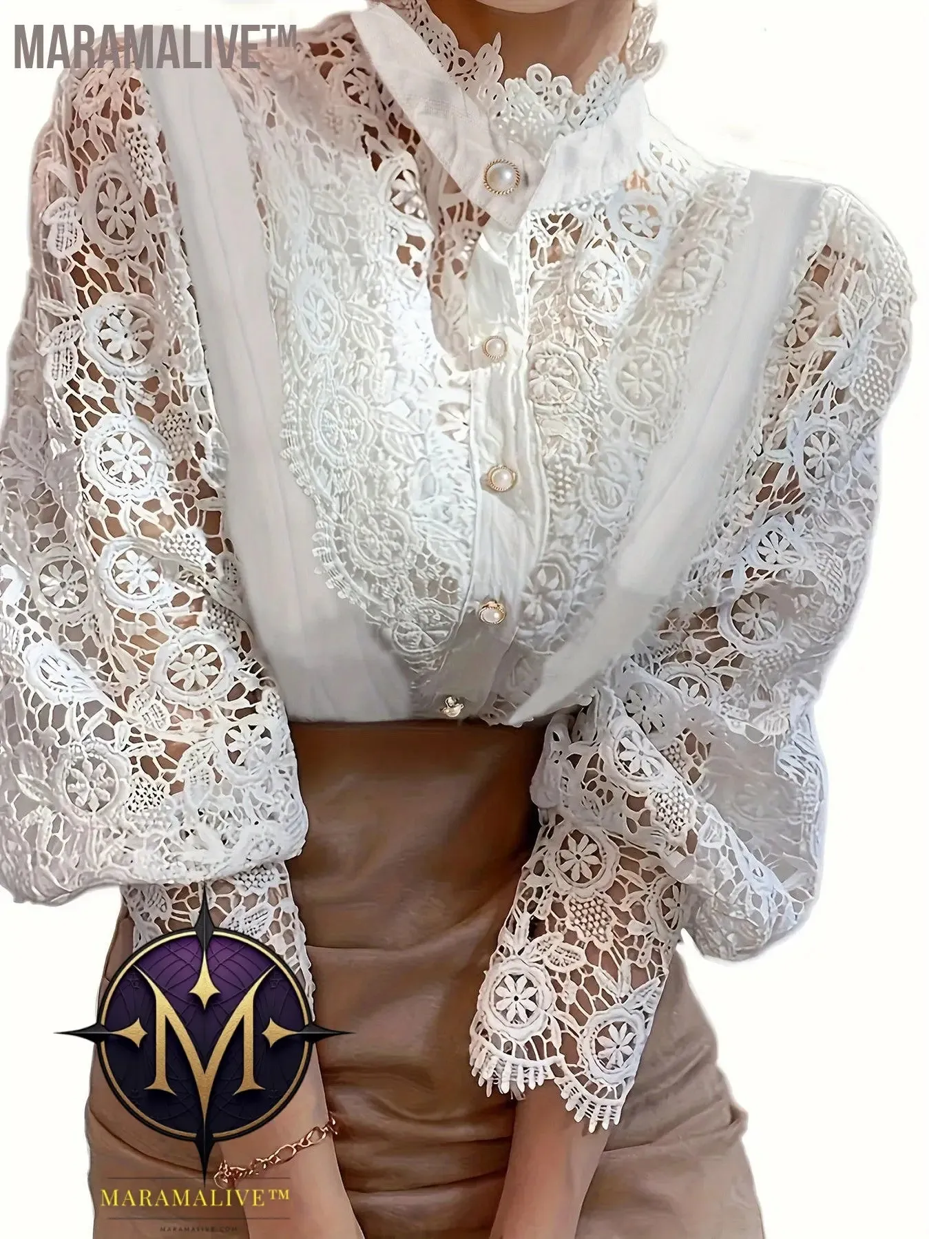 Plus Size Elegant Blouse, Women's Plus Solid Contrast Lace Lantern Sleeve Button Up Mock Neck Shirt Top
