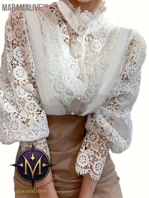 Plus Size Elegant Blouse, Women's Plus Solid Contrast Lace Lantern Sleeve Button Up Mock Neck Shirt Top