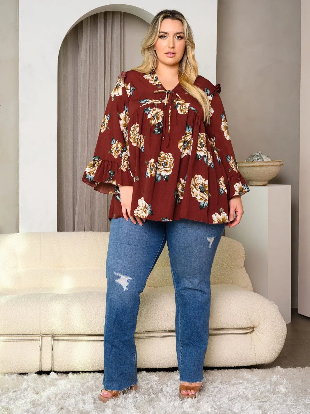 PLUS SIZE LONG SLEEVE FRONT TIE FLORAL PRINT TUNIC TOP