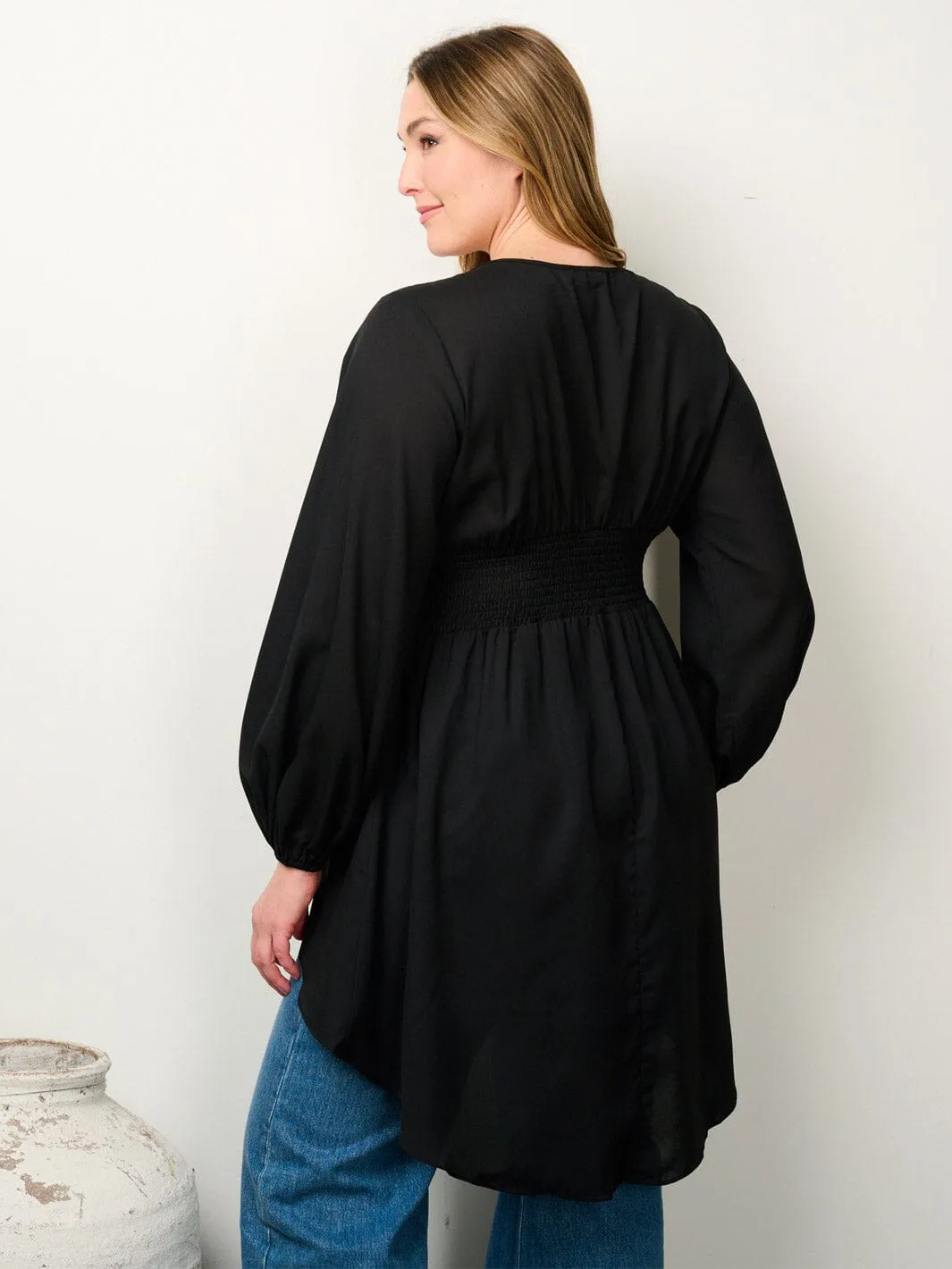 PLUS SIZE LONG SLEEVE V-NECK HIGH-LOW BLOUSE TOP