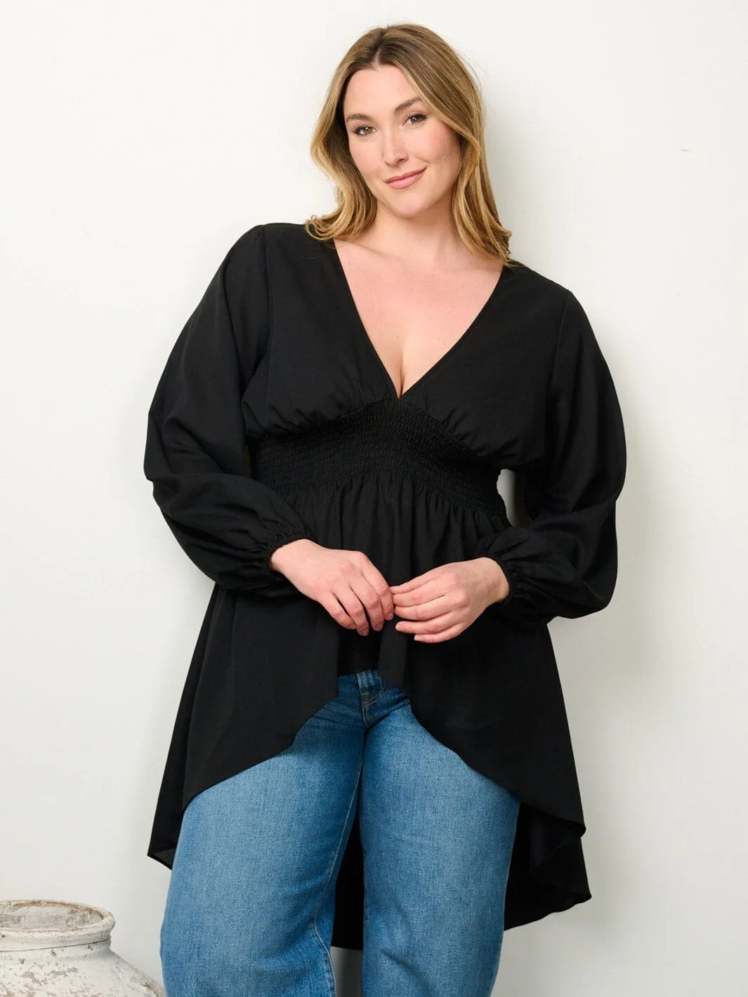 PLUS SIZE LONG SLEEVE V-NECK HIGH-LOW BLOUSE TOP