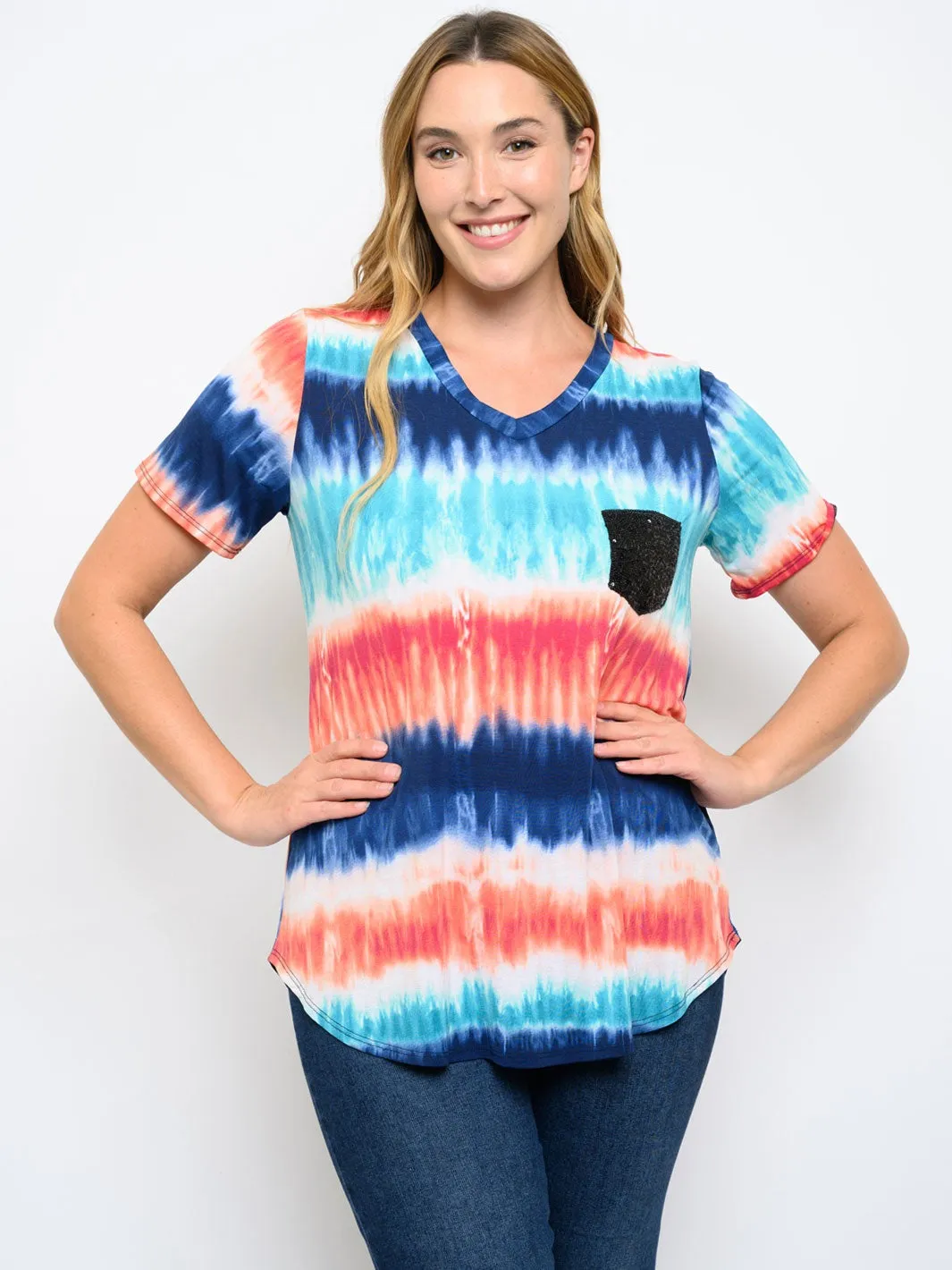 PLUS SIZE SHORT SLEEVE FRONT POCKET TIE DYE TOP
