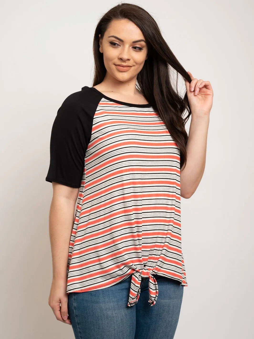 PLUS SIZE SHORT SLEEVE FRONT TIE STRIPES TOP