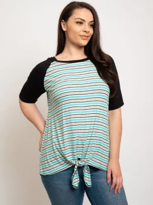 PLUS SIZE SHORT SLEEVE FRONT TIE STRIPES TOP