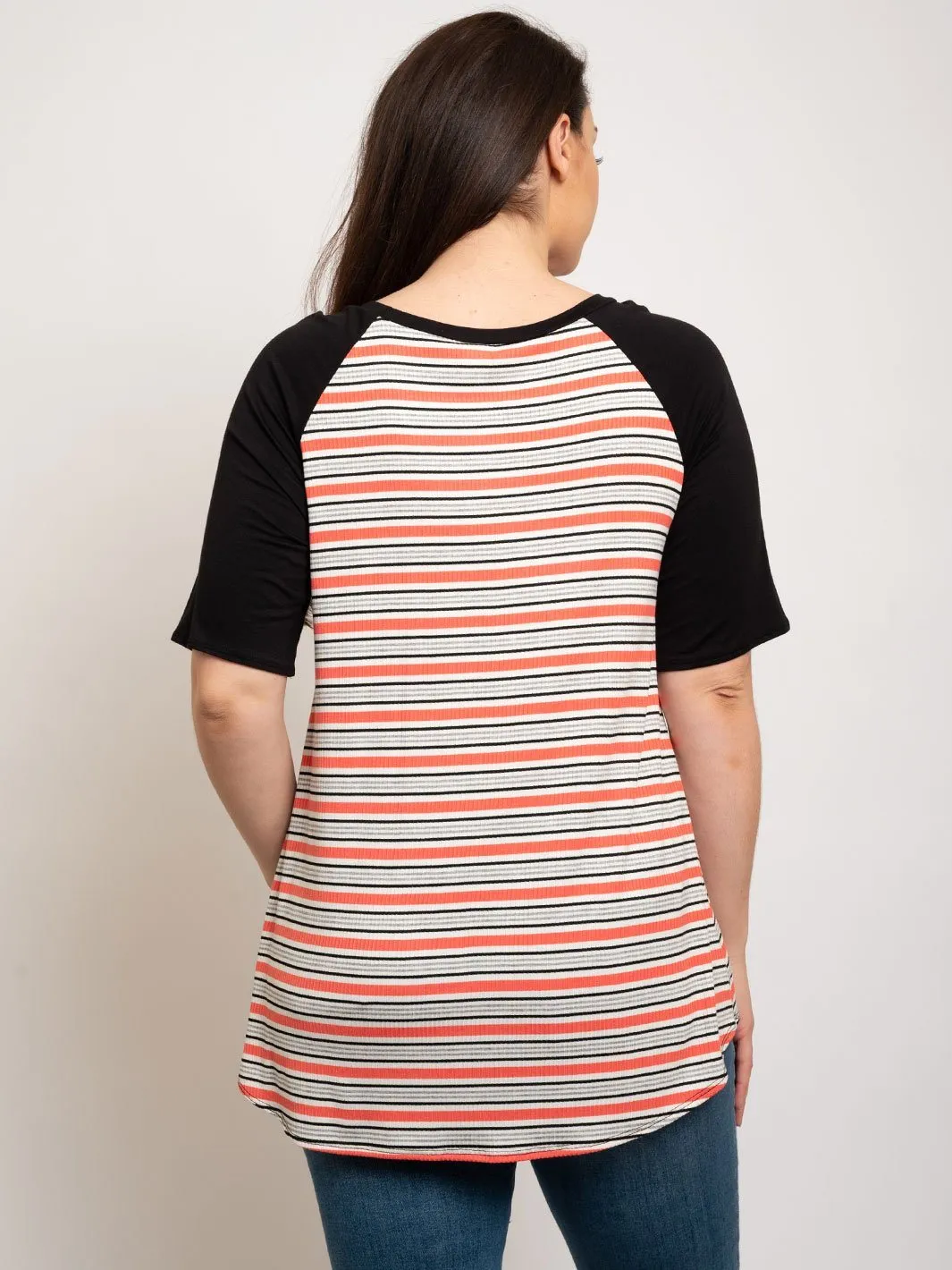 PLUS SIZE SHORT SLEEVE FRONT TIE STRIPES TOP