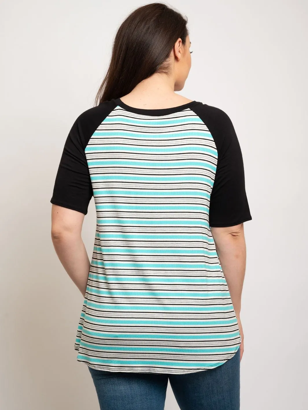 PLUS SIZE SHORT SLEEVE FRONT TIE STRIPES TOP