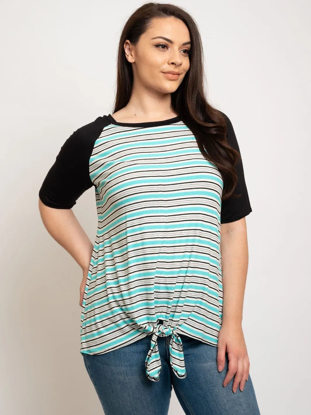 PLUS SIZE SHORT SLEEVE FRONT TIE STRIPES TOP