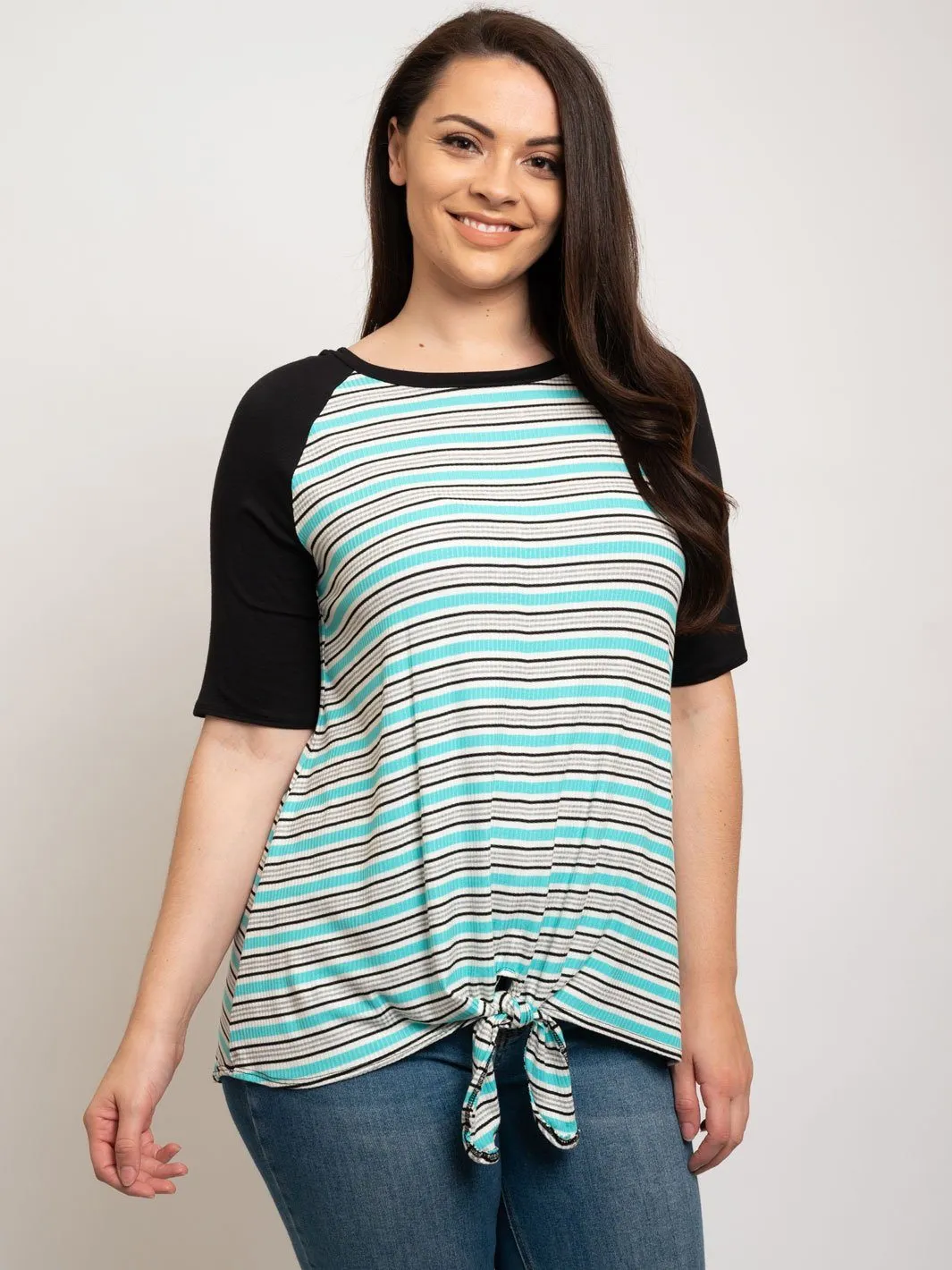 PLUS SIZE SHORT SLEEVE FRONT TIE STRIPES TOP