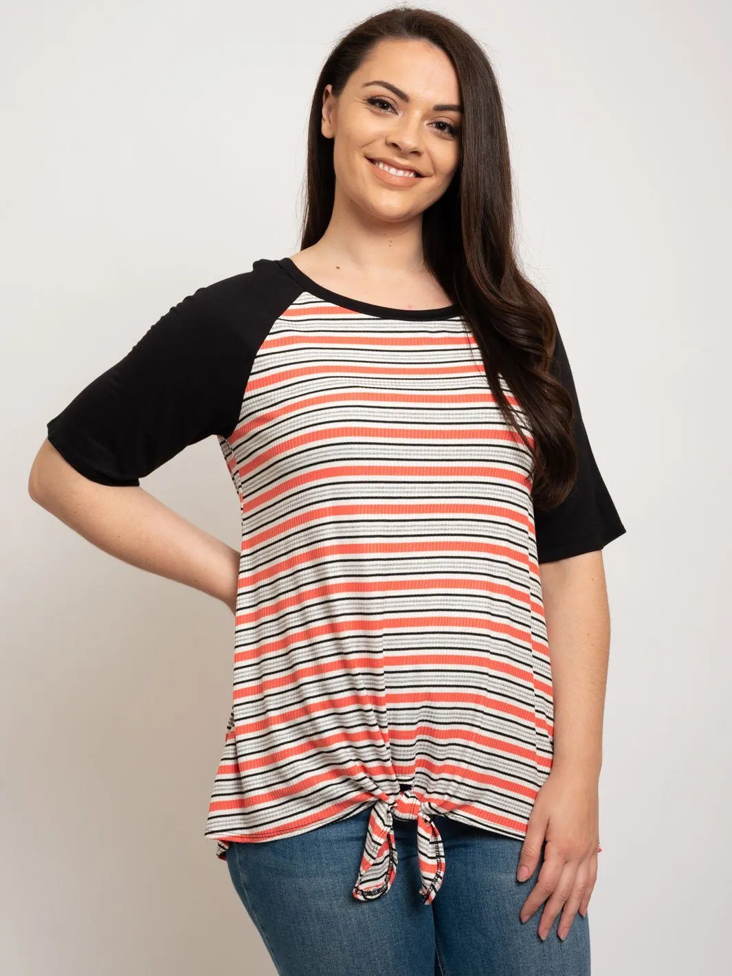 PLUS SIZE SHORT SLEEVE FRONT TIE STRIPES TOP