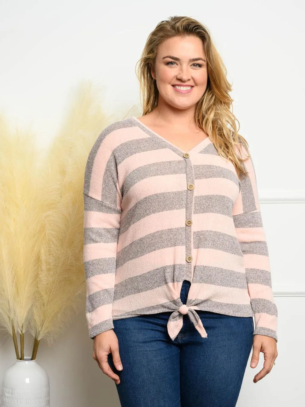 PLUS SIZE STRIPE FRONT BUTTON TIE POINT TOP