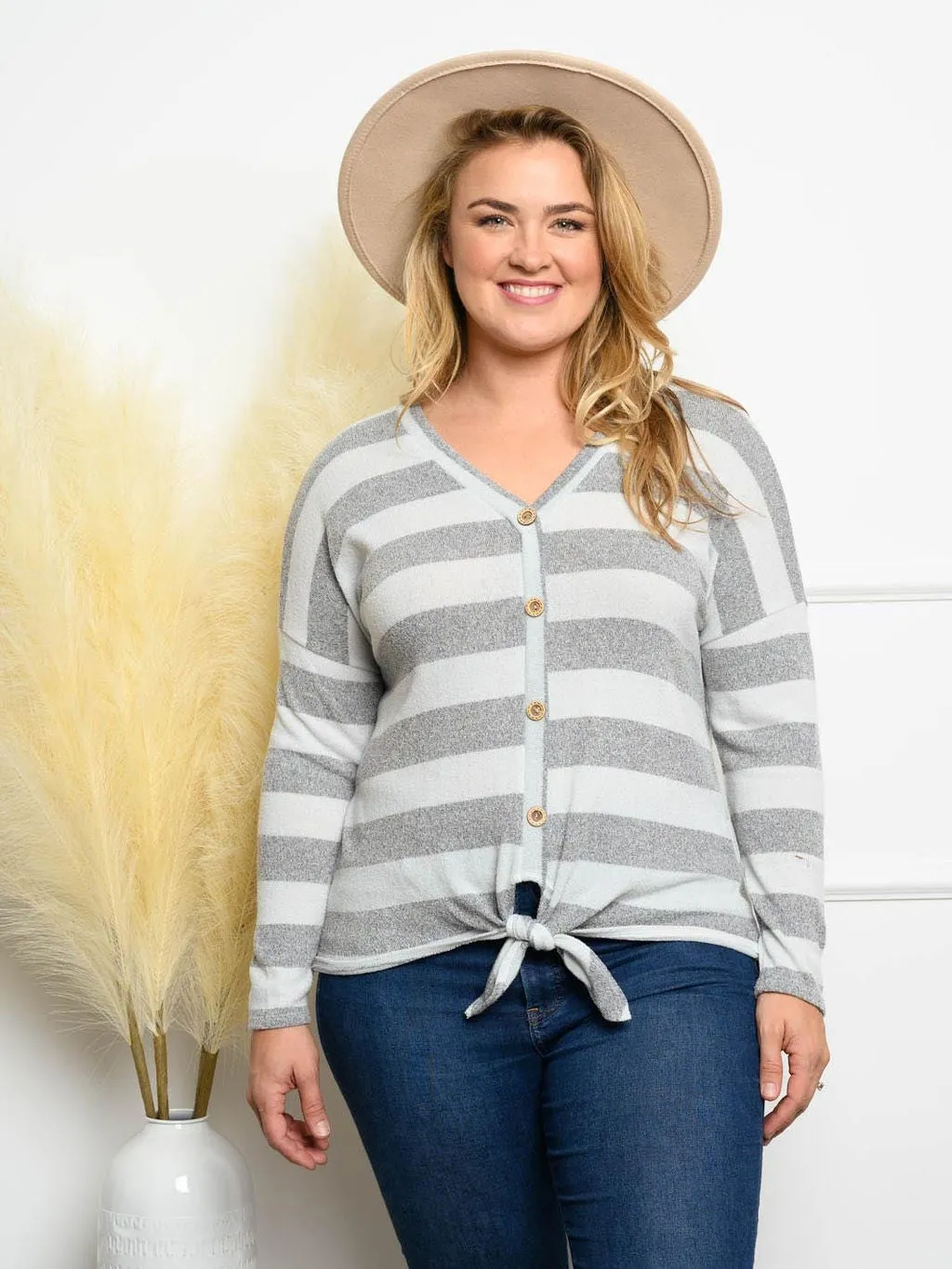 PLUS SIZE STRIPE FRONT BUTTON TIE POINT TOP