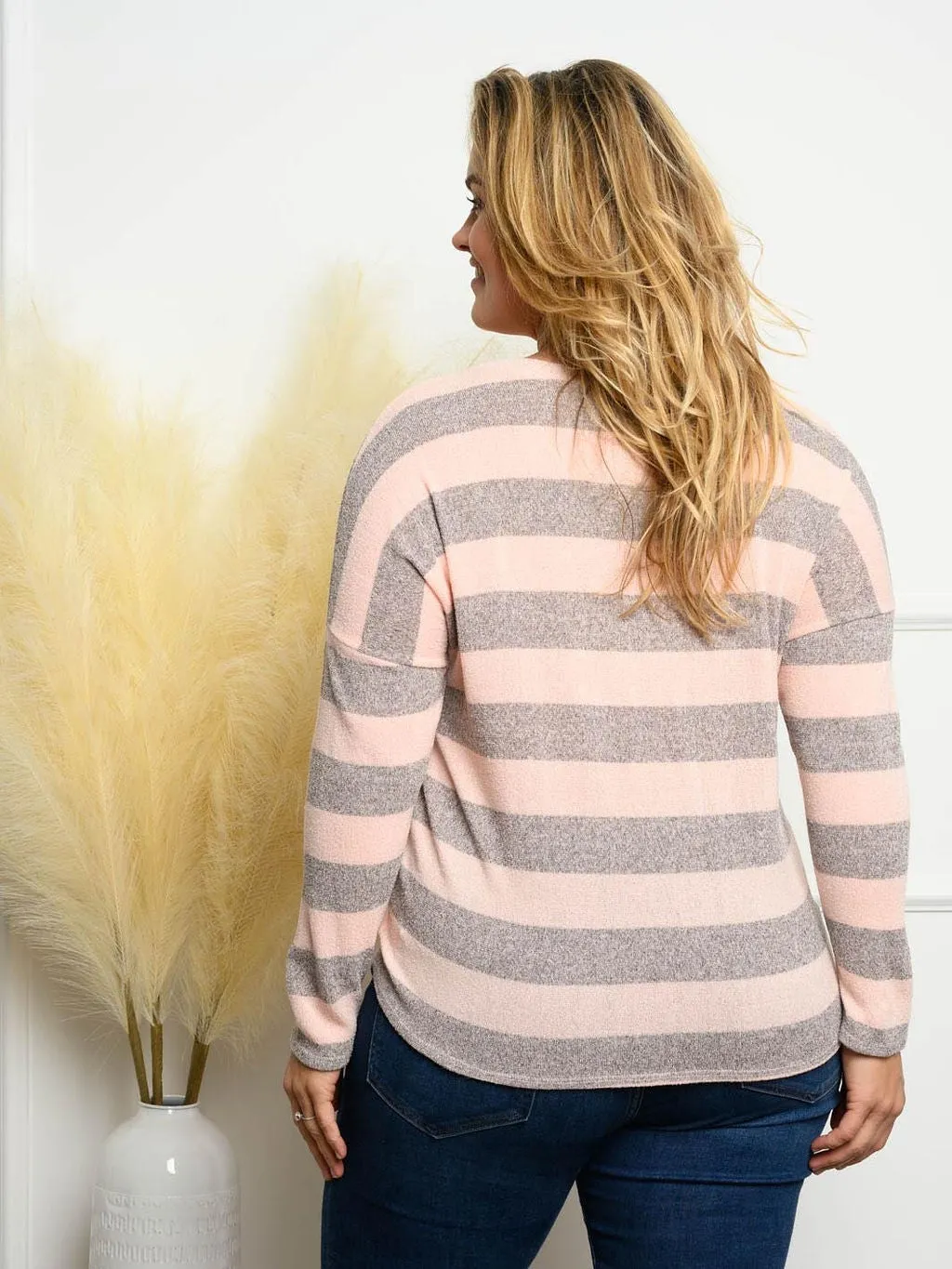 PLUS SIZE STRIPE FRONT BUTTON TIE POINT TOP