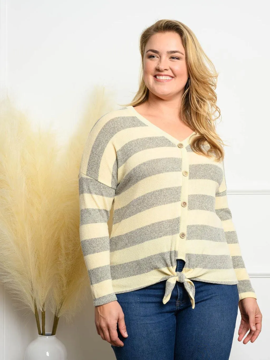 PLUS SIZE STRIPE FRONT BUTTON TIE POINT TOP