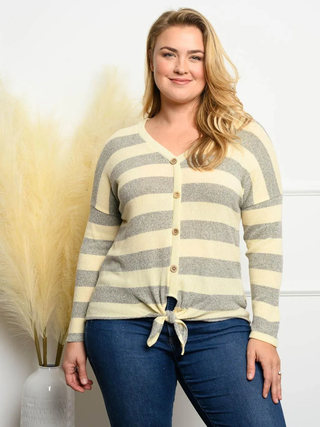 PLUS SIZE STRIPE FRONT BUTTON TIE POINT TOP