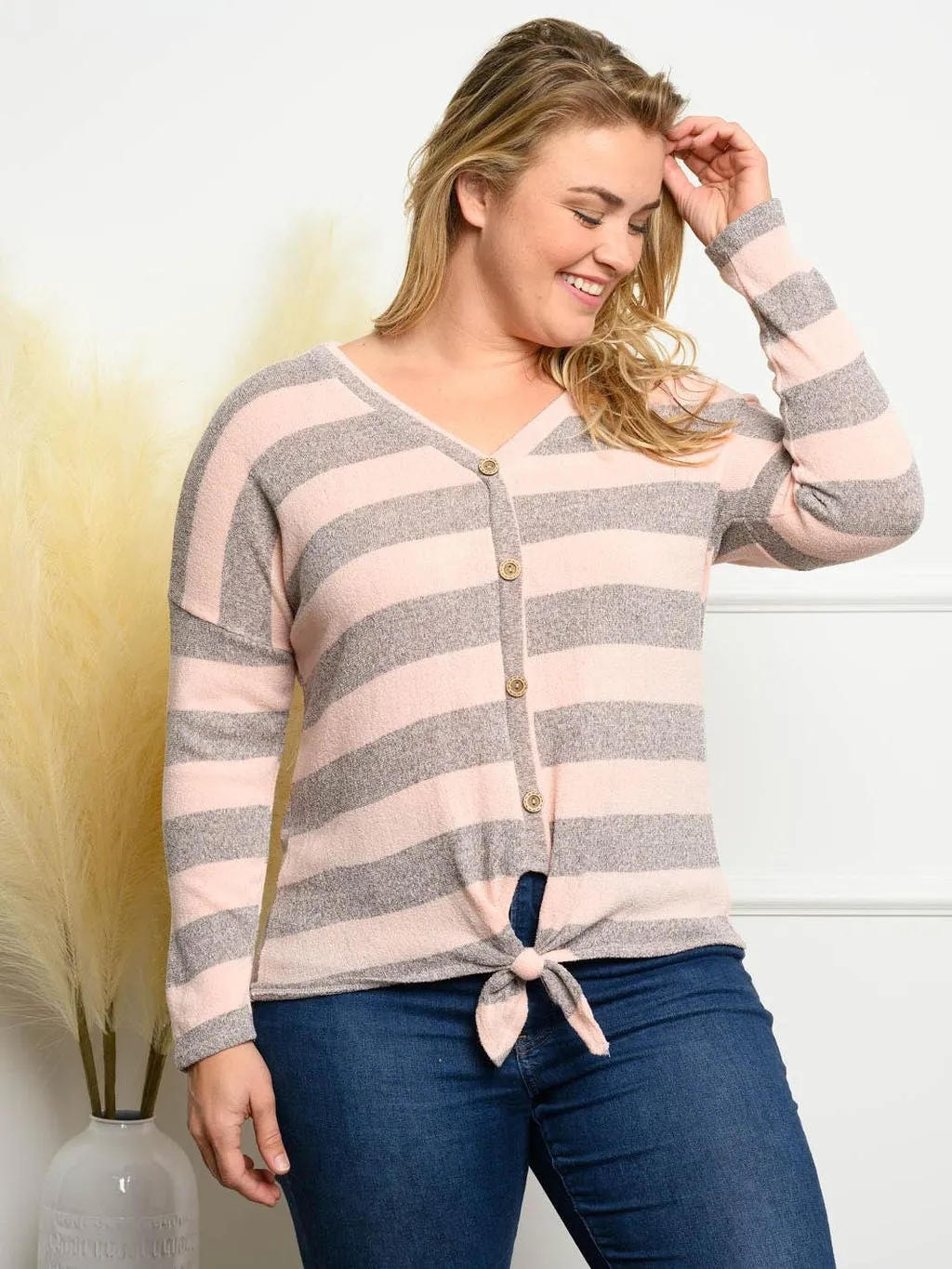 PLUS SIZE STRIPE FRONT BUTTON TIE POINT TOP