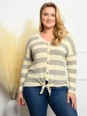 PLUS SIZE STRIPE FRONT BUTTON TIE POINT TOP