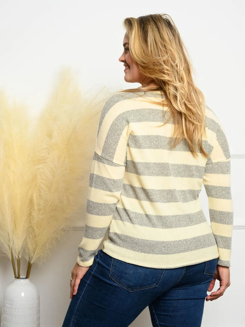 PLUS SIZE STRIPE FRONT BUTTON TIE POINT TOP