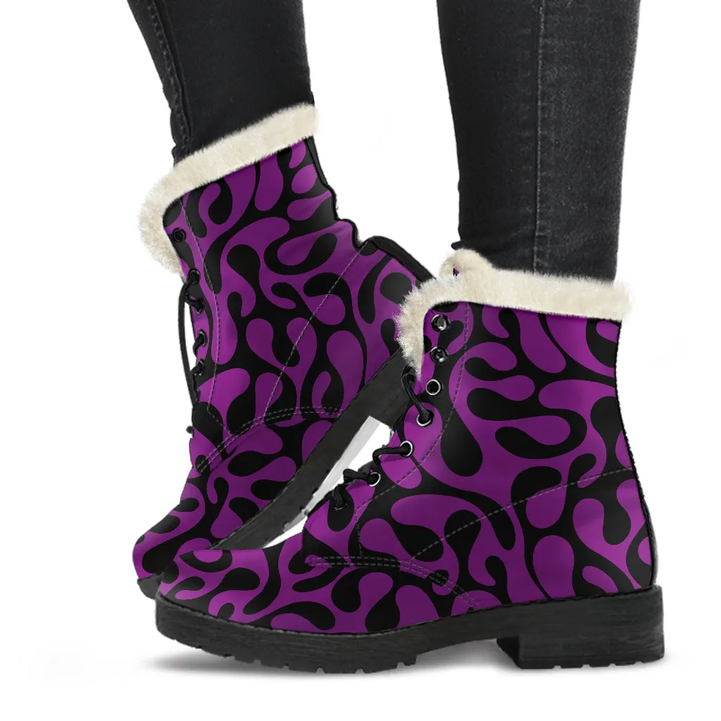 Purple And Black Swirls Faux Fur Eco-Friendly Leather Boots