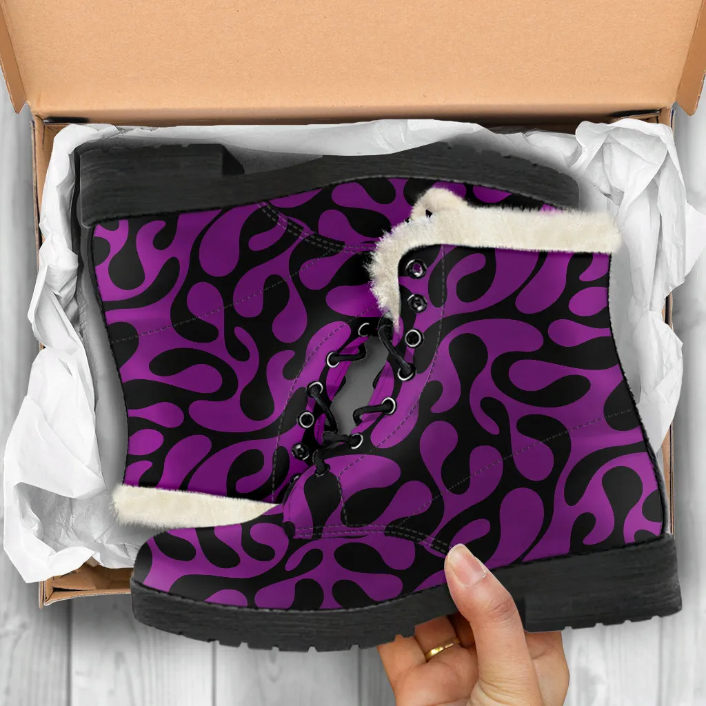 Purple And Black Swirls Faux Fur Eco-Friendly Leather Boots