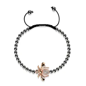 Queen | Gunmetal & 18k Rose Gold | Crystal Honeybee Macrame Charmballa Bracelet