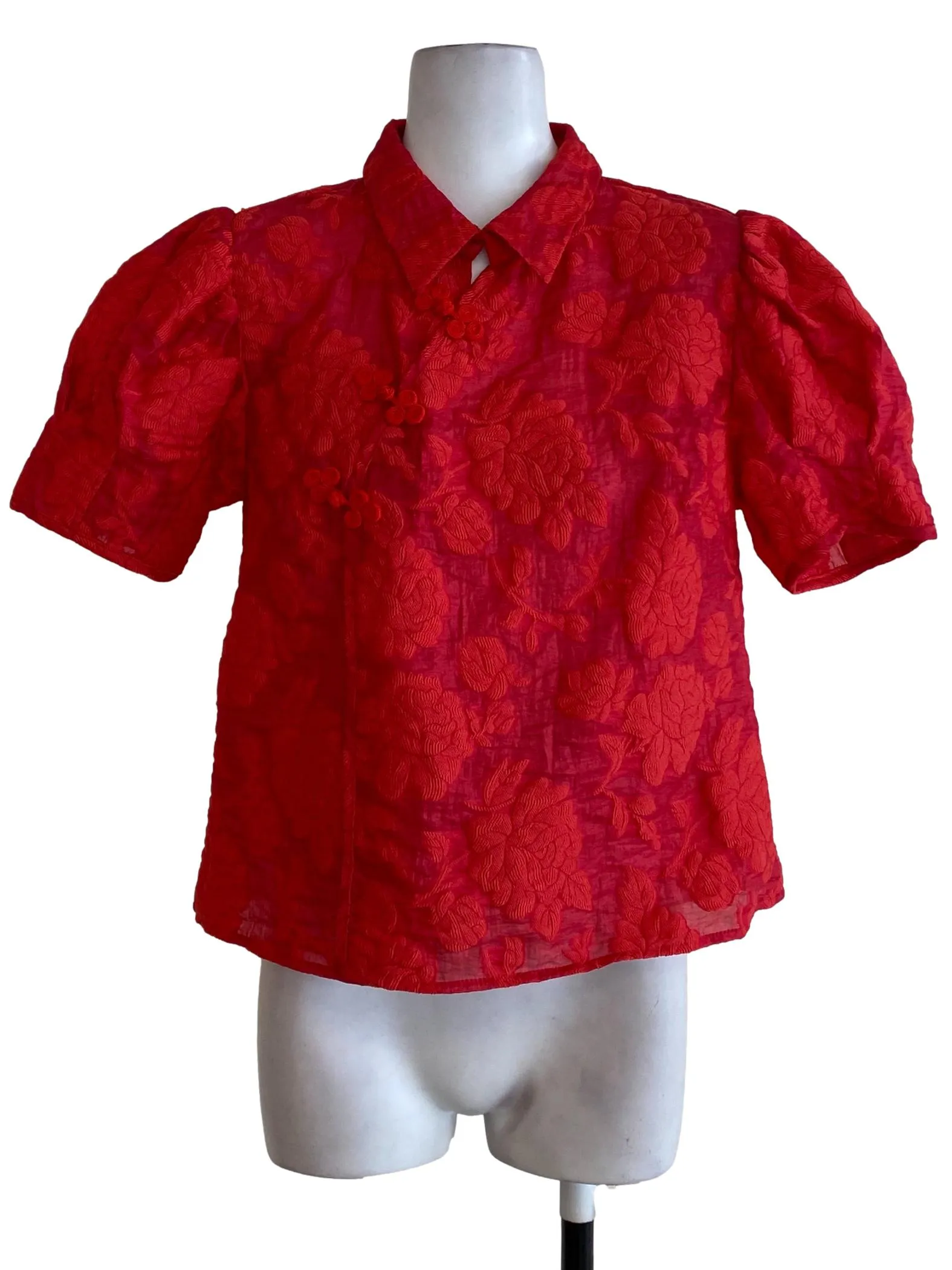 Red Floral Puffy Sleeve Top
