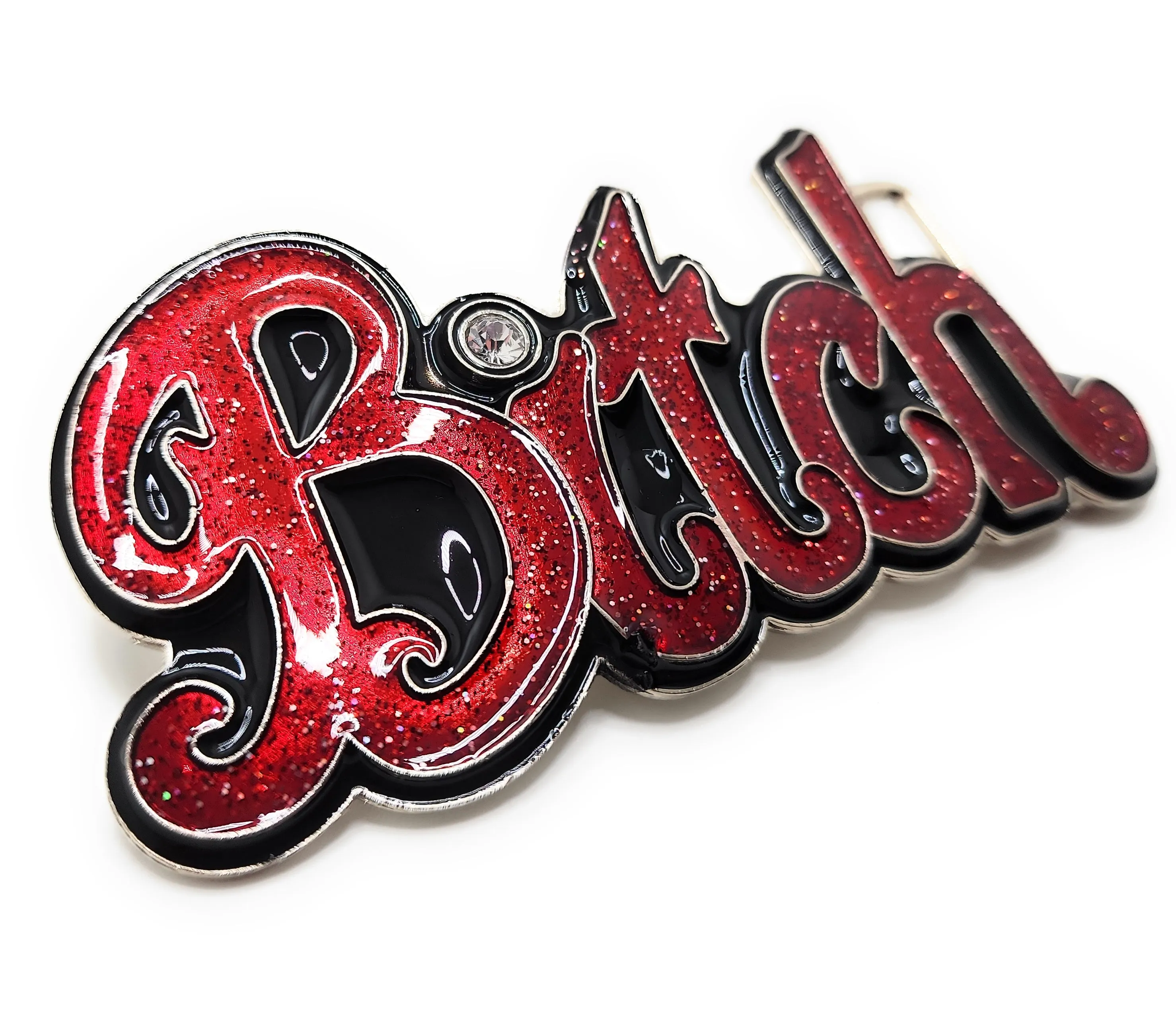 Red "Bitch" Bubble Letter Belt Buckle with Rhinestone Funny