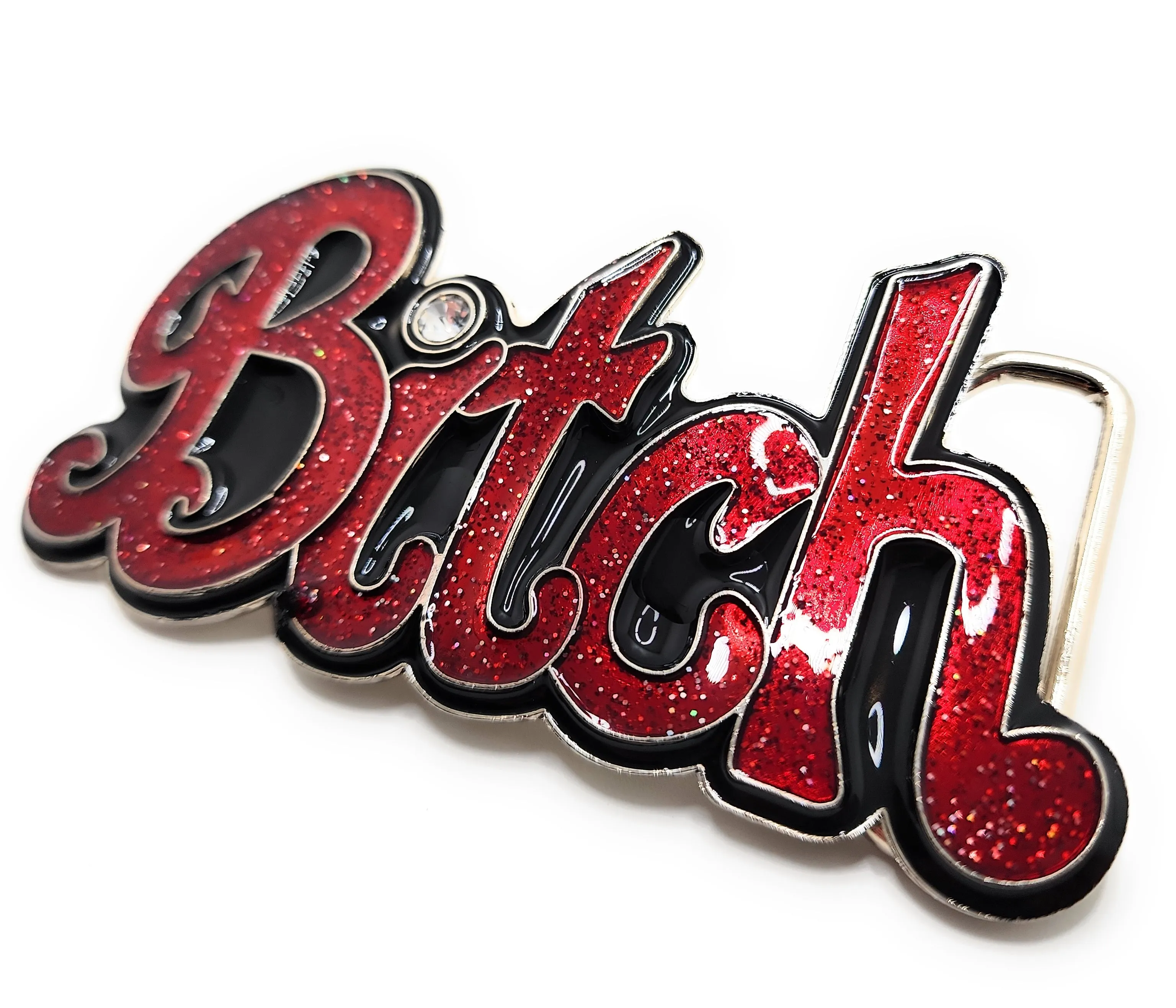 Red "Bitch" Bubble Letter Belt Buckle with Rhinestone Funny