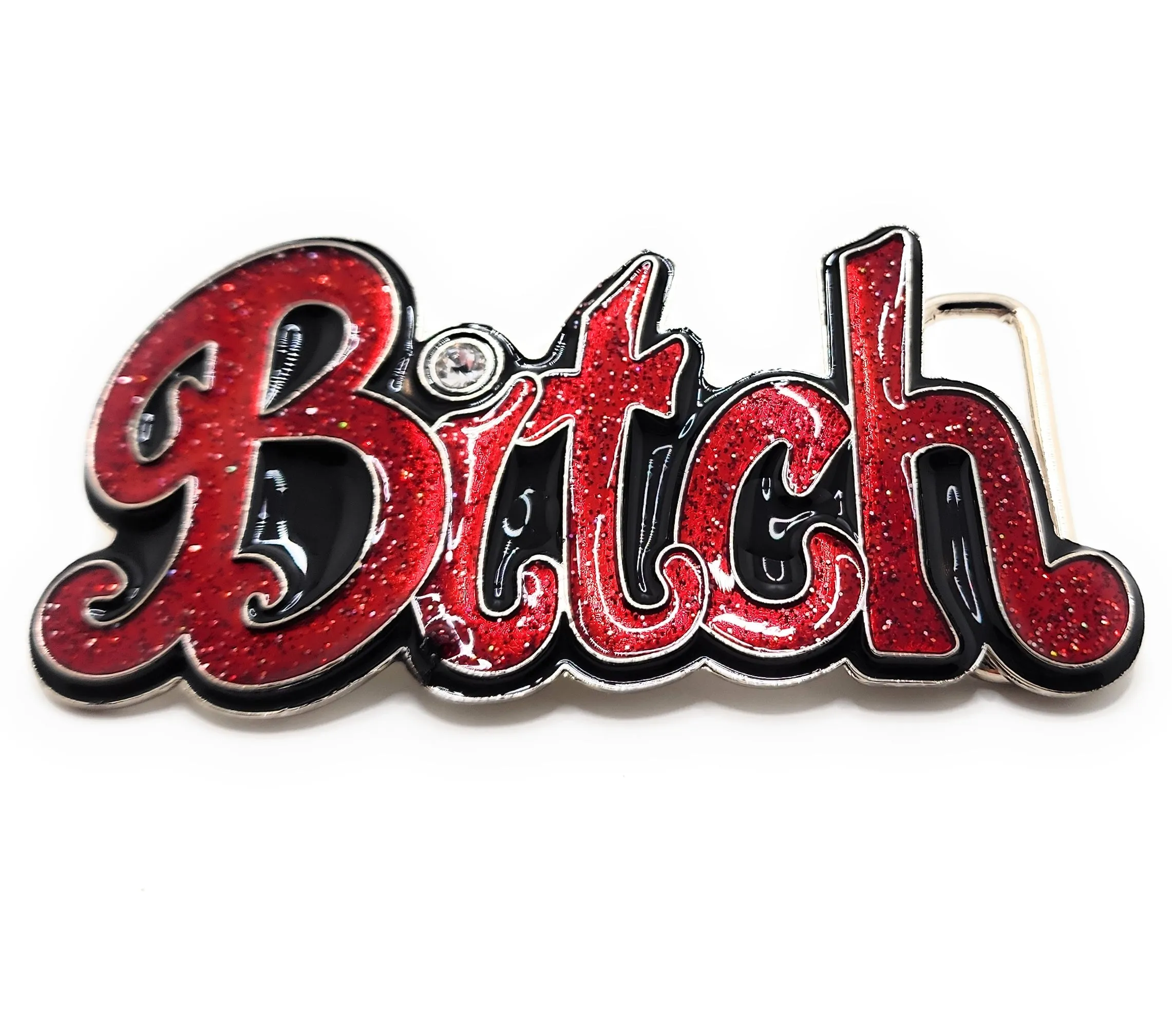 Red "Bitch" Bubble Letter Belt Buckle with Rhinestone Funny