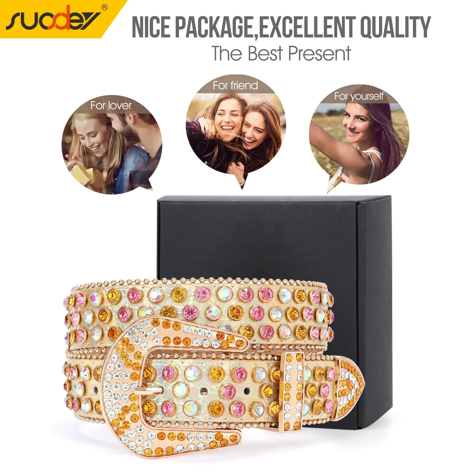 Rhinestone Belt for Men Women SUOSDEY Western Cowboy Cowgirl Bling Studded Leather Belt for Jeans Pants