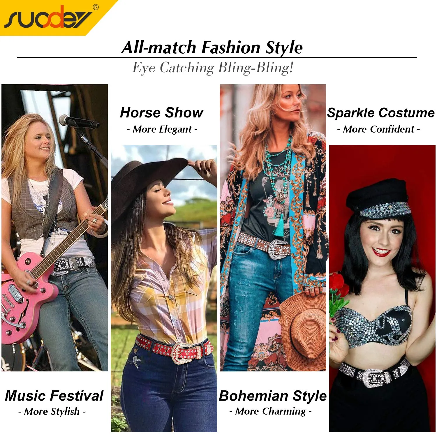 Rhinestone Belt for Men Women SUOSDEY Western Cowboy Cowgirl Bling Studded Leather Belt for Jeans Pants