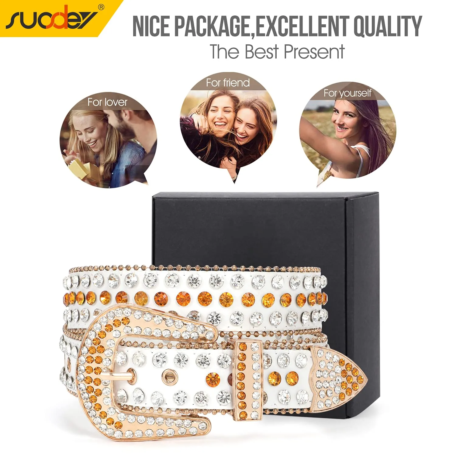 Rhinestone Belt for Men Women SUOSDEY Western Cowboy Cowgirl Bling Studded Leather Belt for Jeans Pants